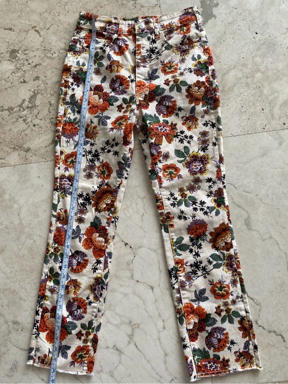 Pilcro Cream Floral-Print Slim Jeans with Orange & Green Accents